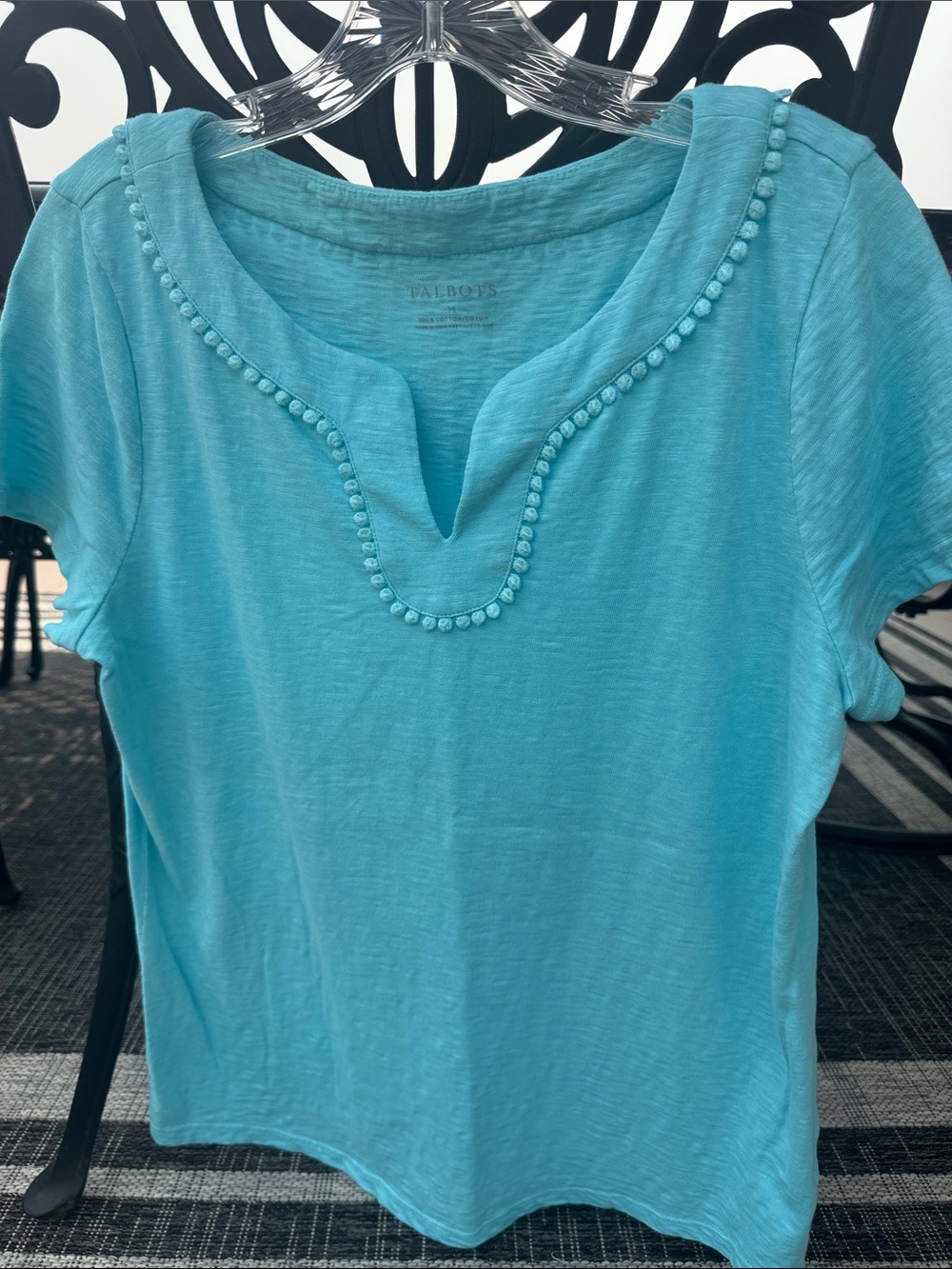 Talbots Aqua Embellished Split-Neck Short Sleeve Tee